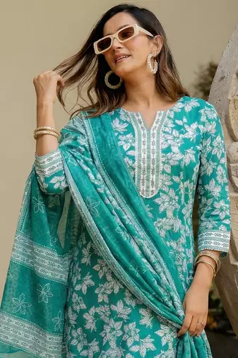 Mirchi Fashion Women's Teal & Green Floral Print Pure Cotton Kurti With Pant & Dupatta Set