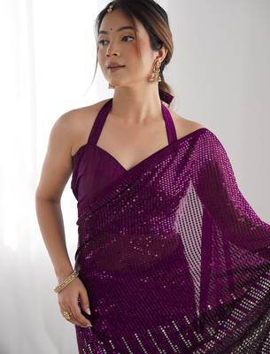 Embellished sequinned  heavy work georgette saree with unstitched blouse 2