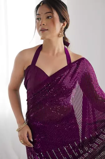 Embellished sequinned  heavy work georgette saree with unstitched blouse