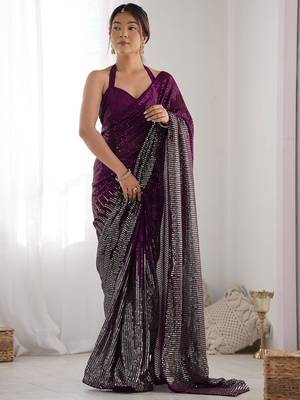 Embellished sequinned  heavy work georgette saree with unstitched blouse 1