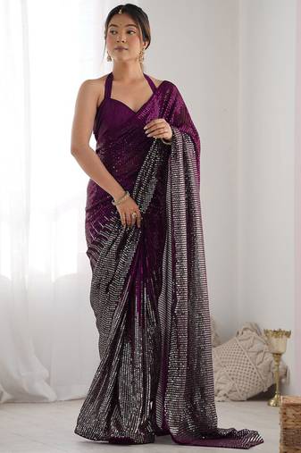 Embellished sequinned  heavy work georgette saree with unstitched blouse