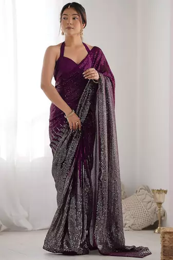 Embellished sequinned  heavy work georgette saree with unstitched blouse