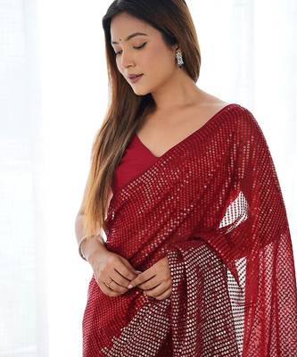 Embellished sequinned  heavy work georgette saree with unstitched blouse 2