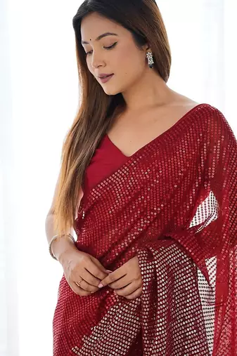 Embellished sequinned  heavy work georgette saree with unstitched blouse