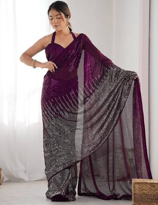 Embellished sequinned  heavy work georgette saree with unstitched blouse 3
