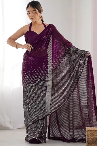 Embellished sequinned  heavy work georgette saree with unstitched blouse