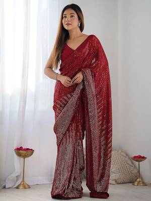 Embellished sequinned  heavy work georgette saree with unstitched blouse 1
