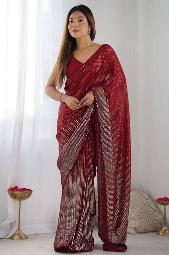 Embellished sequinned  heavy work georgette saree with unstitched blouse