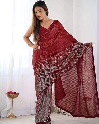 Embellished sequinned  heavy work georgette saree with unstitched blouse 3