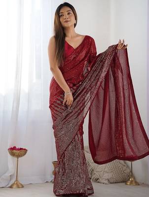 Embellished sequinned  heavy work georgette saree with unstitched blouse 4