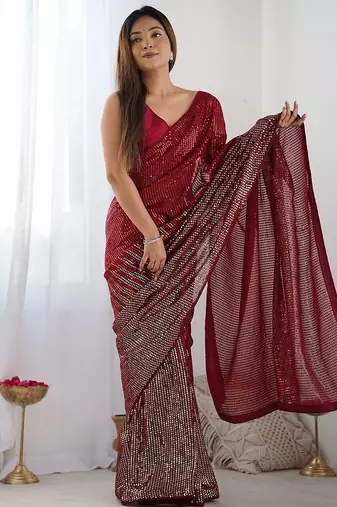 Embellished sequinned  heavy work georgette saree with unstitched blouse