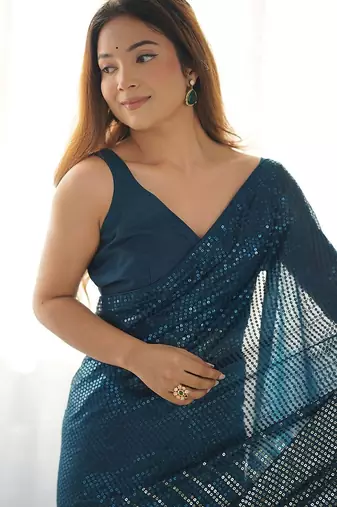 Embellished sequinned  heavy work georgette saree with unstitched blouse