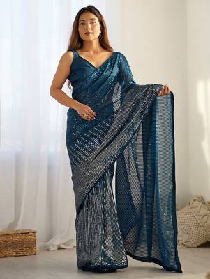Embellished sequinned  heavy work georgette saree with unstitched blouse 1
