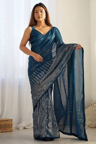 Embellished sequinned  heavy work georgette saree with unstitched blouse