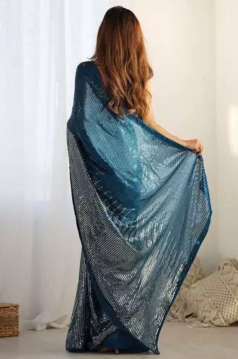 Embellished sequinned  heavy work georgette saree with unstitched blouse