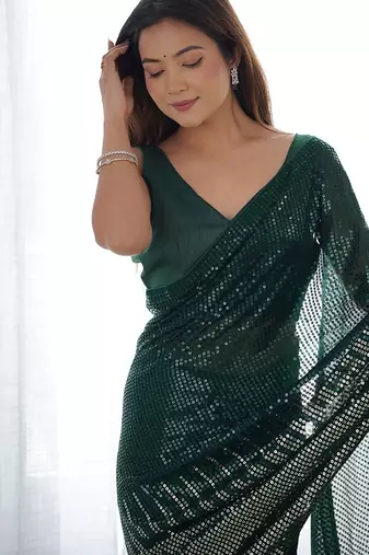 Embellished sequinned  heavy work georgette saree with unstitched blouse