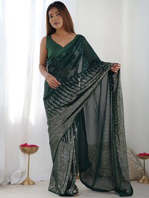 Embellished sequinned  heavy work georgette saree with unstitched blouse 1
