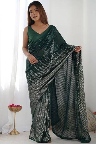 Embellished sequinned  heavy work georgette saree with unstitched blouse