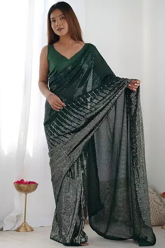 Embellished sequinned  heavy work georgette saree with unstitched blouse