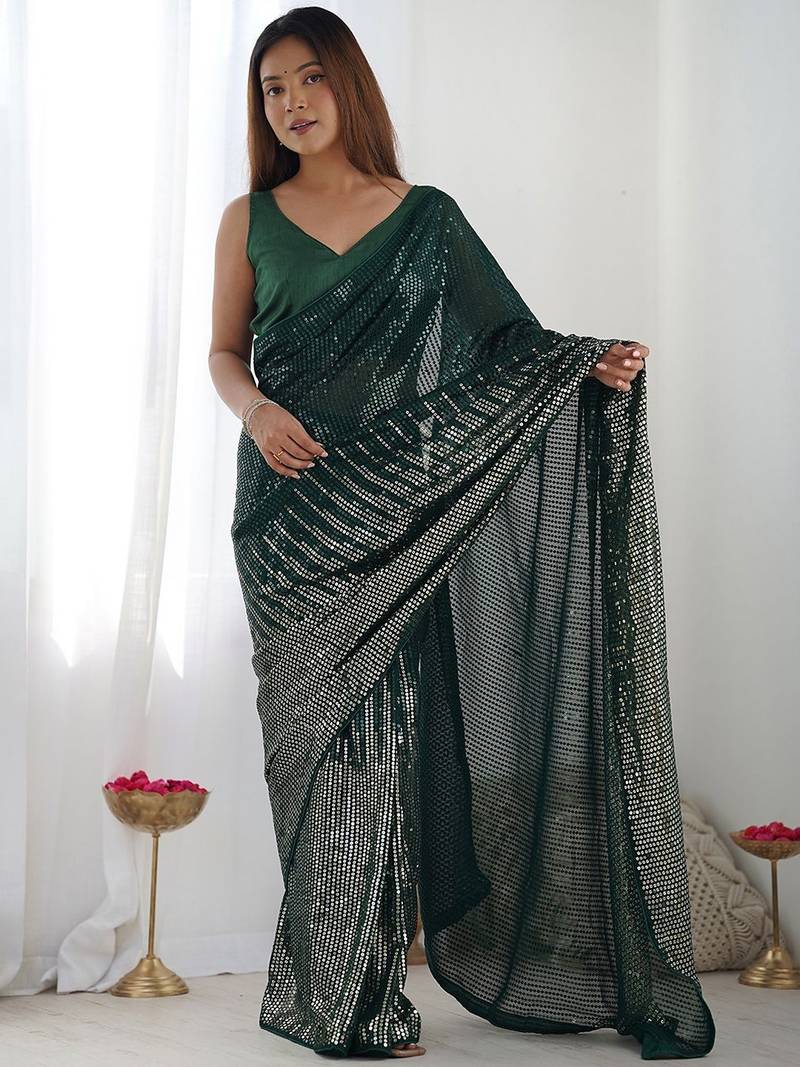 Embellished sequinned  heavy work georgette saree with unstitched blouse