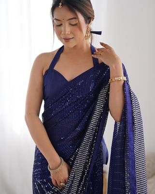 Embellished sequinned  heavy work georgette saree with unstitched blouse 2