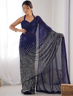 Embellished sequinned  heavy work georgette saree with unstitched blouse 3