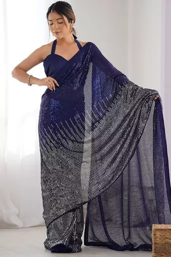 Embellished sequinned  heavy work georgette saree with unstitched blouse