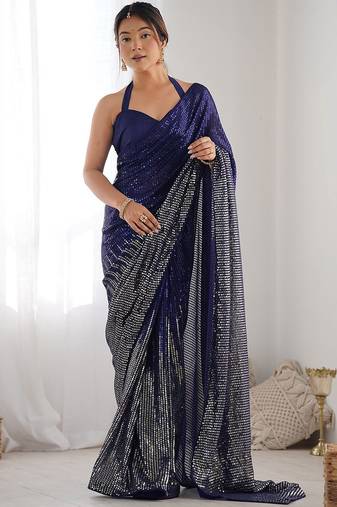 Embellished sequinned  heavy work georgette saree with unstitched blouse