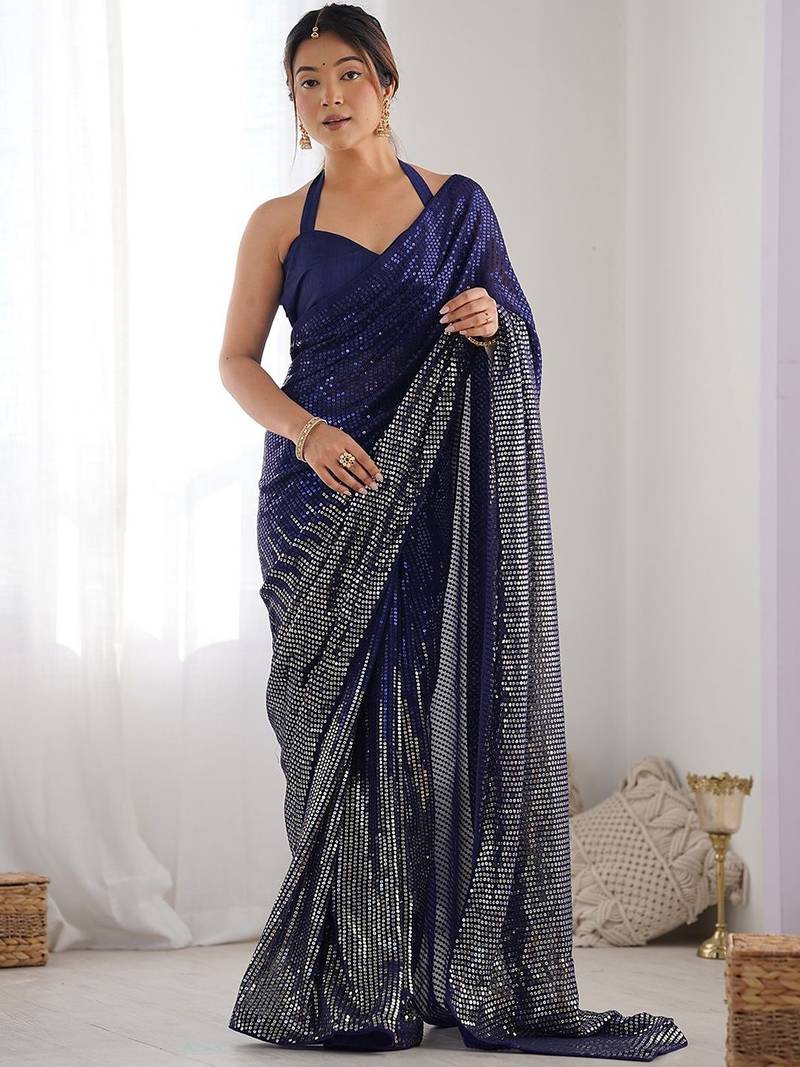 Embellished sequinned  heavy work georgette saree with unstitched blouse