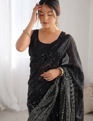 Embellished sequinned  heavy work georgette saree with unstitched blouse 2