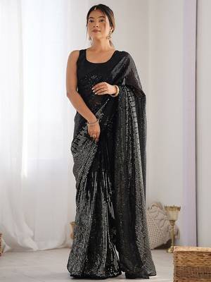 Embellished sequinned  heavy work georgette saree with unstitched blouse 1