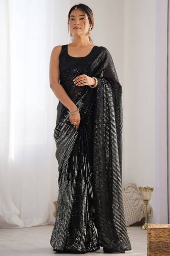 Embellished sequinned  heavy work georgette saree with unstitched blouse