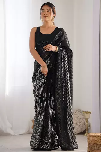 Embellished sequinned  heavy work georgette saree with unstitched blouse