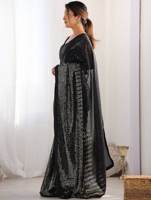 Embellished sequinned  heavy work georgette saree with unstitched blouse 4