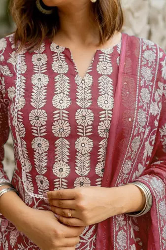 Mirchi Fashion Women's Maroon Floral Print Pure Cotton Kurti With Pant & Dupatta Set