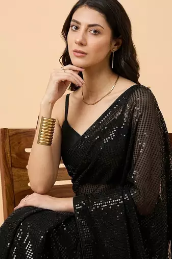 Embellished sequinned  heavy work georgette saree with unstitched blouse