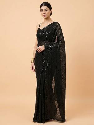 Embellished sequinned  heavy work georgette saree with unstitched blouse 1