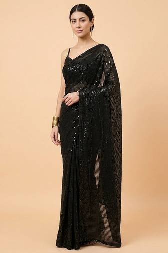 Embellished sequinned  heavy work georgette saree with unstitched blouse
