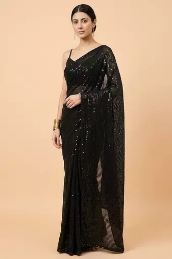 Embellished sequinned  heavy work georgette saree with unstitched blouse