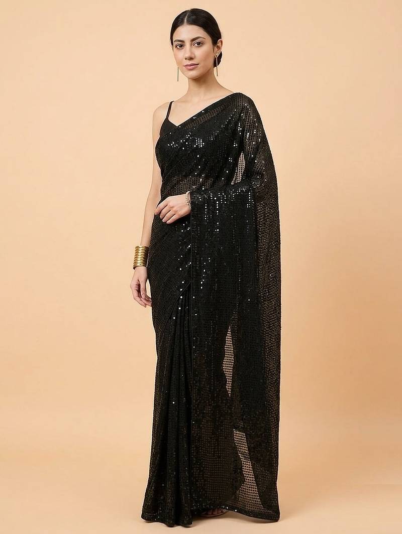 Embellished sequinned  heavy work georgette saree with unstitched blouse