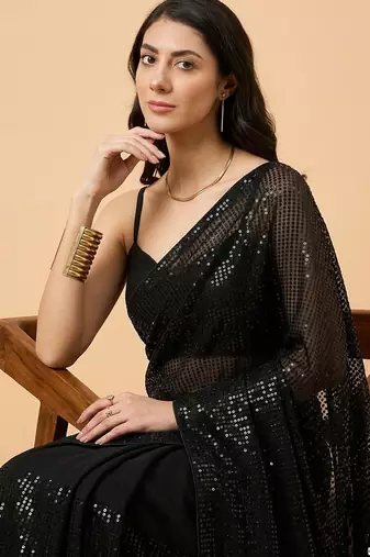 Embellished sequinned  heavy work georgette saree with unstitched blouse