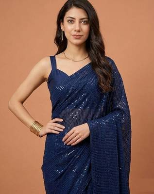 Embellished sequinned  heavy work georgette saree with unstitched blouse 3