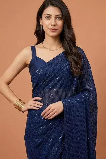 Embellished sequinned  heavy work georgette saree with unstitched blouse