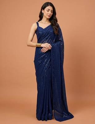 Embellished sequinned  heavy work georgette saree with unstitched blouse 4