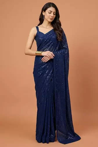 Embellished sequinned  heavy work georgette saree with unstitched blouse