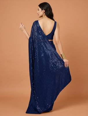 Embellished sequinned  heavy work georgette saree with unstitched blouse 5