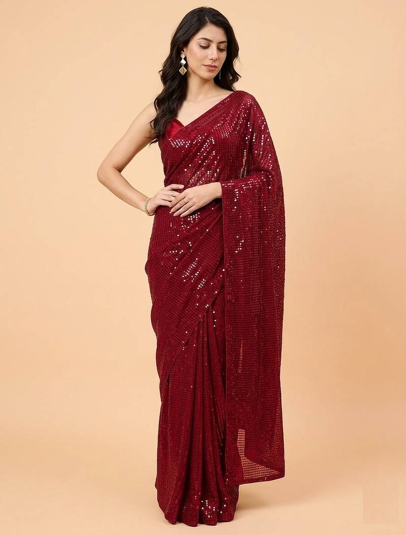 Embellished sequinned  heavy work georgette saree with unstitched blouse