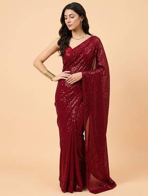 Embellished sequinned  heavy work georgette saree with unstitched blouse 3