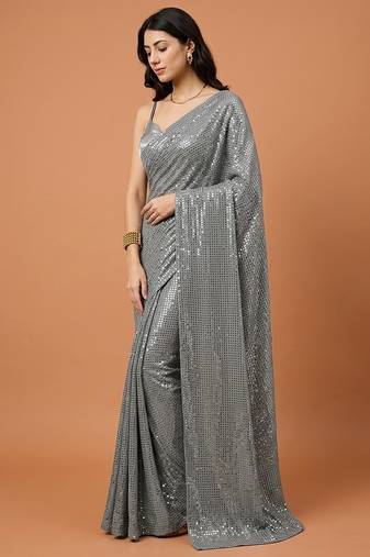Embellished sequinned  heavy work georgette saree with unstitched blouse