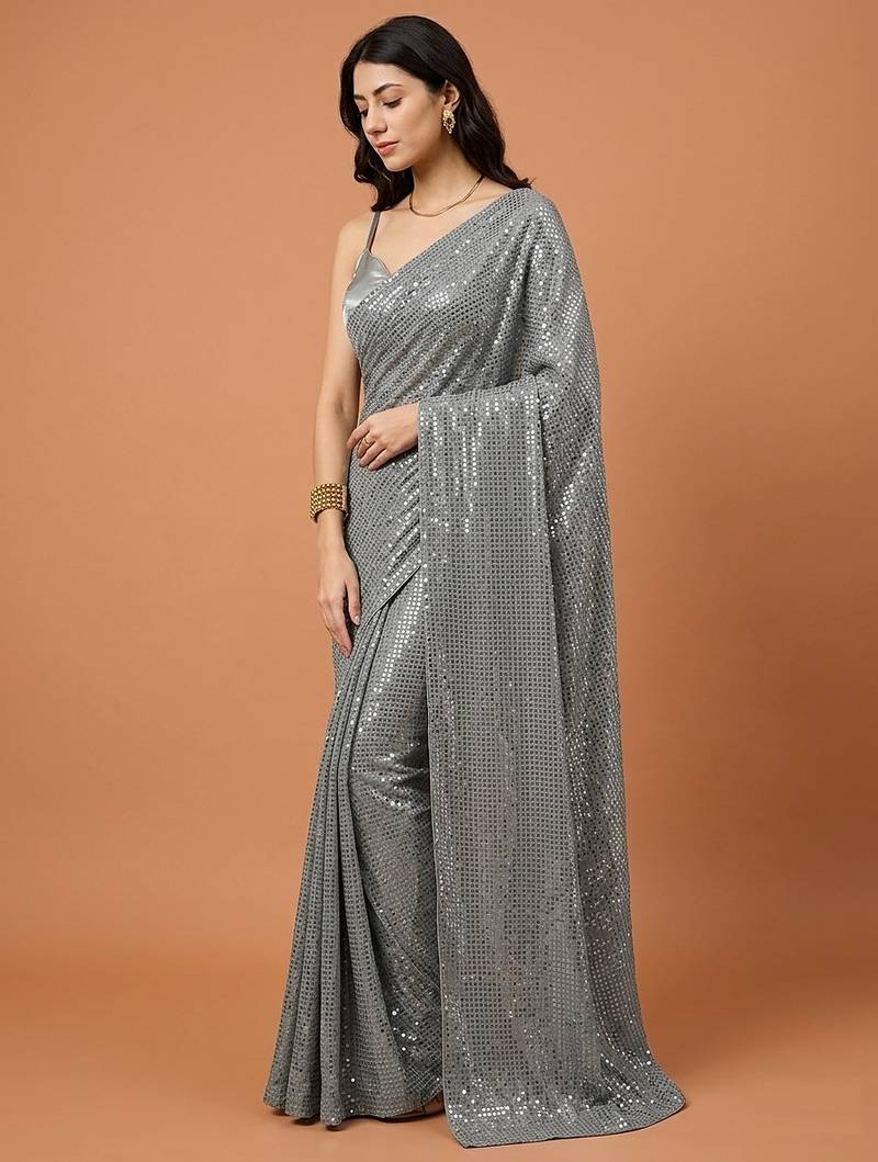 Embellished sequinned  heavy work georgette saree with unstitched blouse